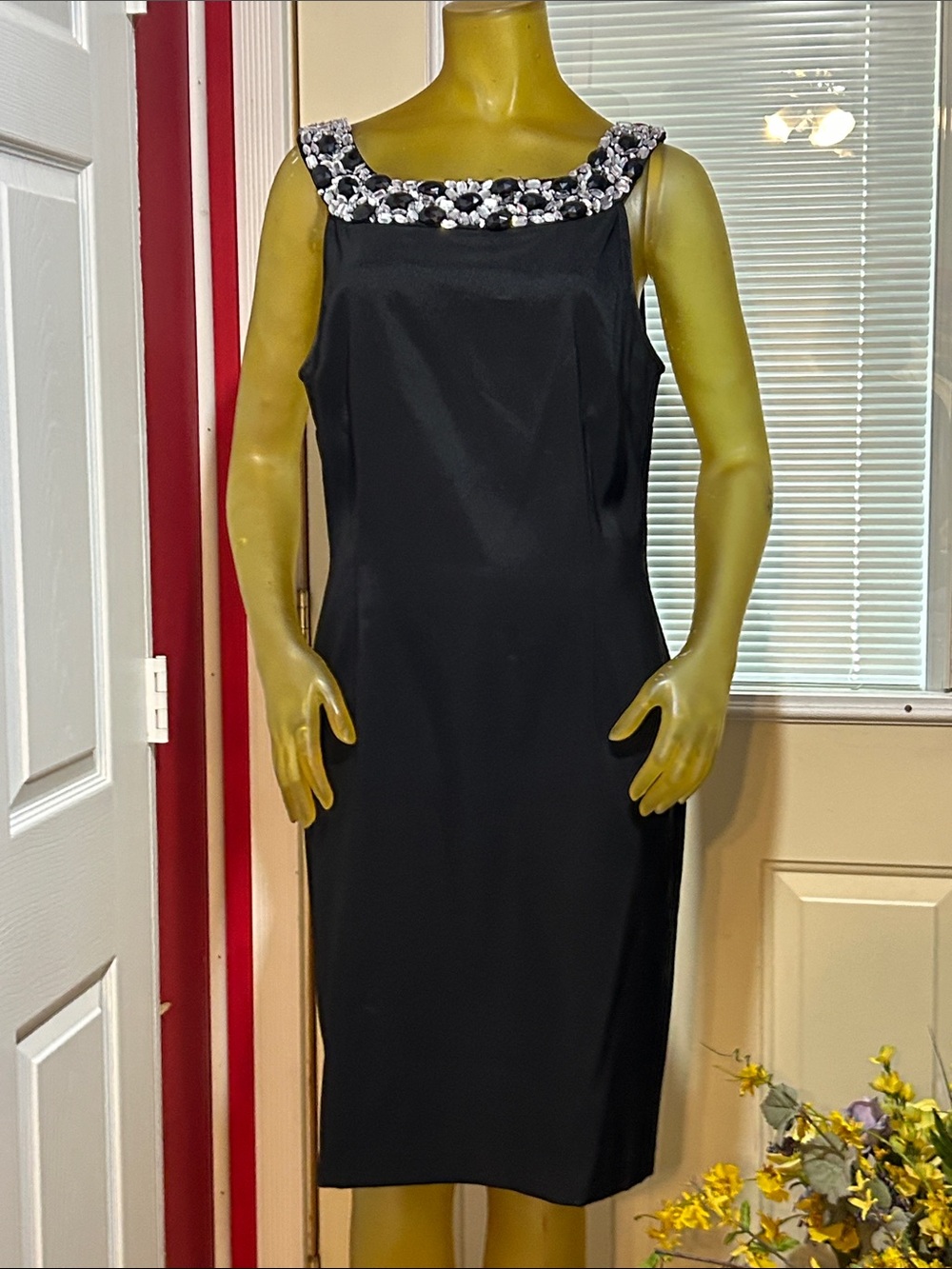 connected apparel Black Midi Sheath Dress with Beaded Floral Neckline